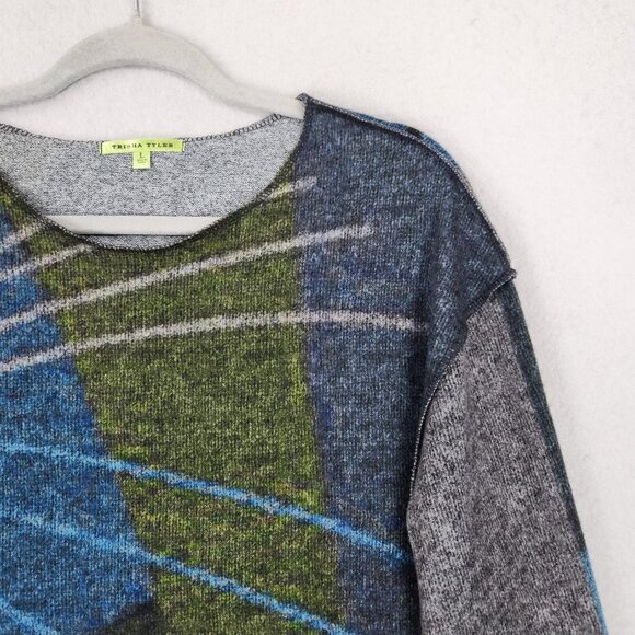 Trisha Tyler Sweater Womens Large Blue Gray Abstract Long Sleeve Knit Pullover - Picture 2 of 11